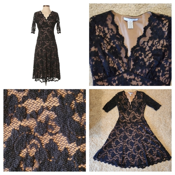 CAbi Lace Illusion Cocktail Dress Size  Small Colors Black and Nude - Picture 2 of 12